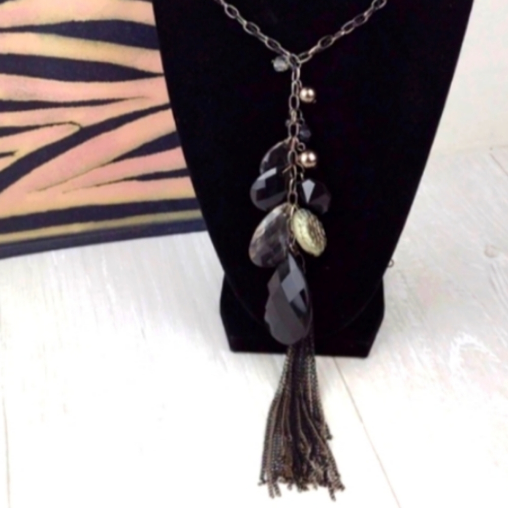 Edgy Black & Silver Faceted Bead Chunky Brassy Chain-Fringe Boho Bolo Necklace